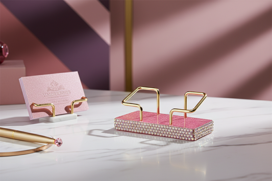 Color-Shifting Pink Rhinestone Business Card Holder in Elegant Setting