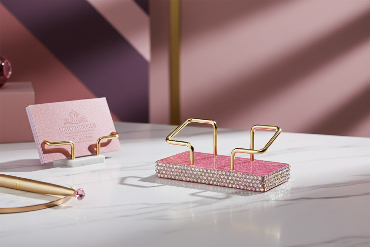 Color-Shifting Pink Rhinestone Business Card Holder in Elegant Setting