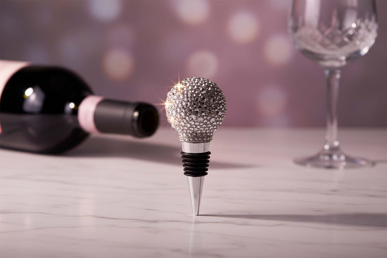 Silver Rhinestone Wine Bottle Stopper in Elegant Setting